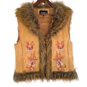 Vintage Y2K Aziza Faux Fur Trimmed Vest L Tan Embroidered Butterfly Suede Boho
